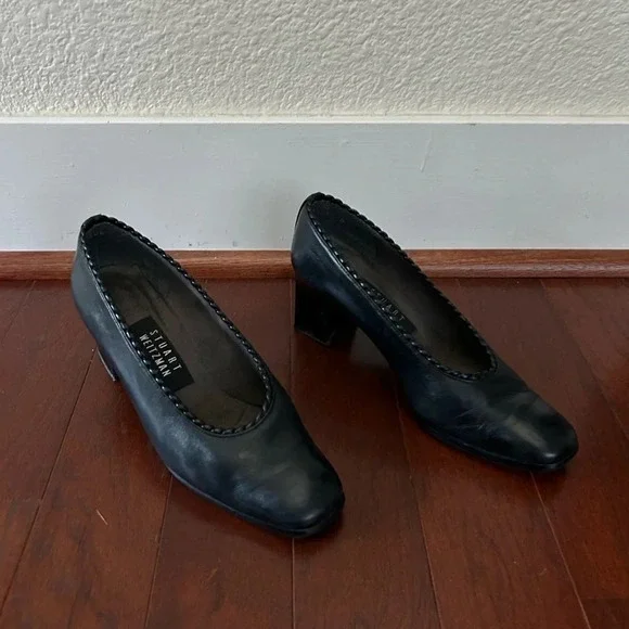 Stuart Weitzman Leather Pumps Black Acetate Trim Square-toes block heels size 7 - Picture 4 of 10